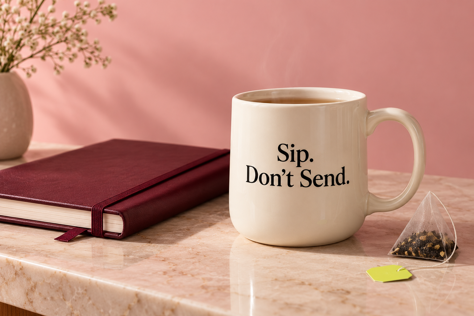 Sip. Don’t Send. tea mug beside a notebook on a pink counter